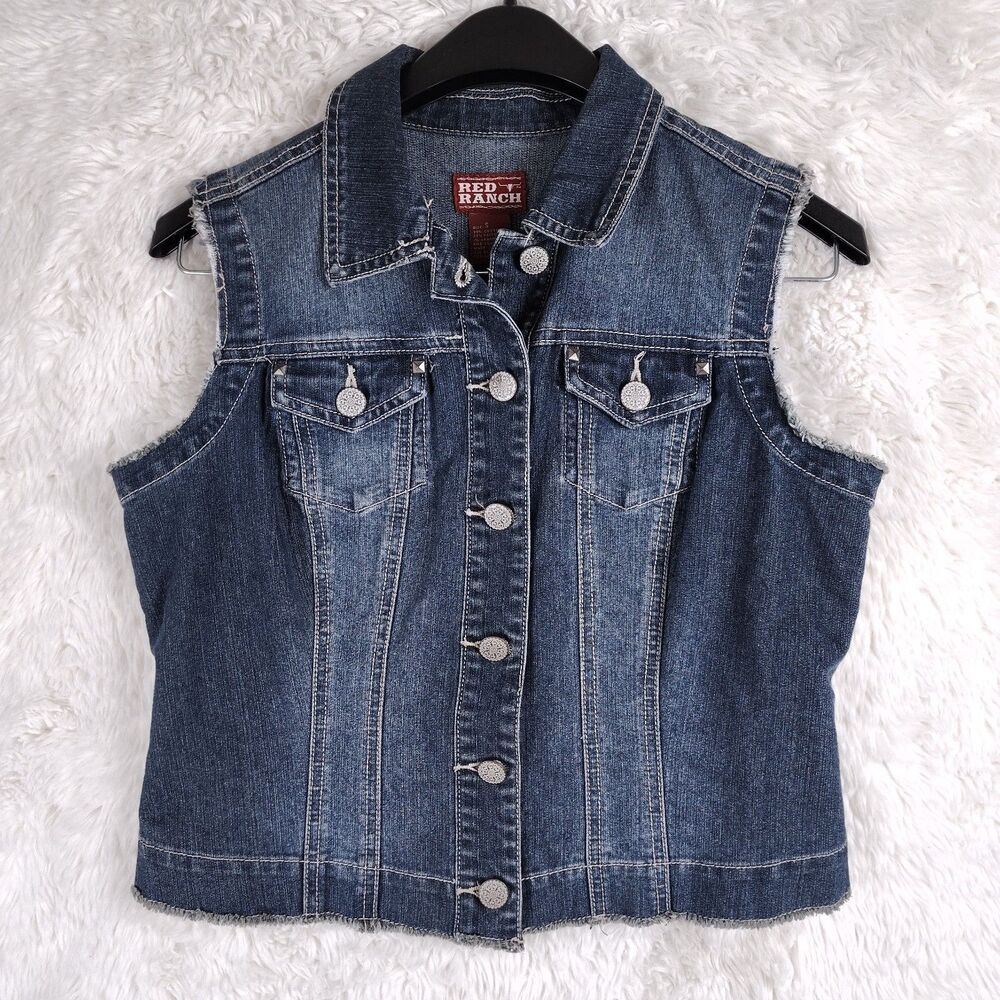 Red Ranch Sz S Denim Distressed Raw Hem Western Grunge Y2K Country Punk